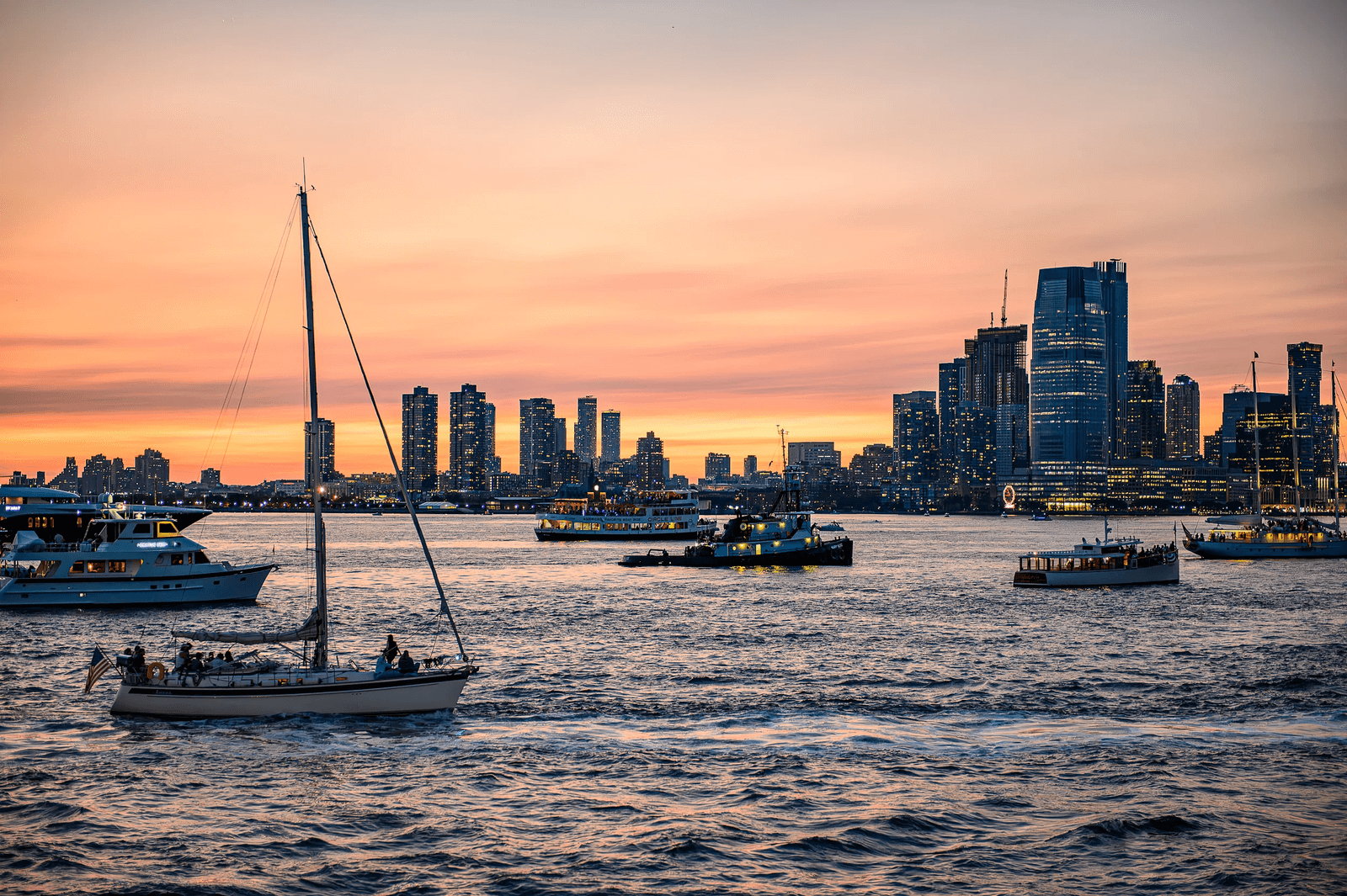 Sunset over the water in New York
