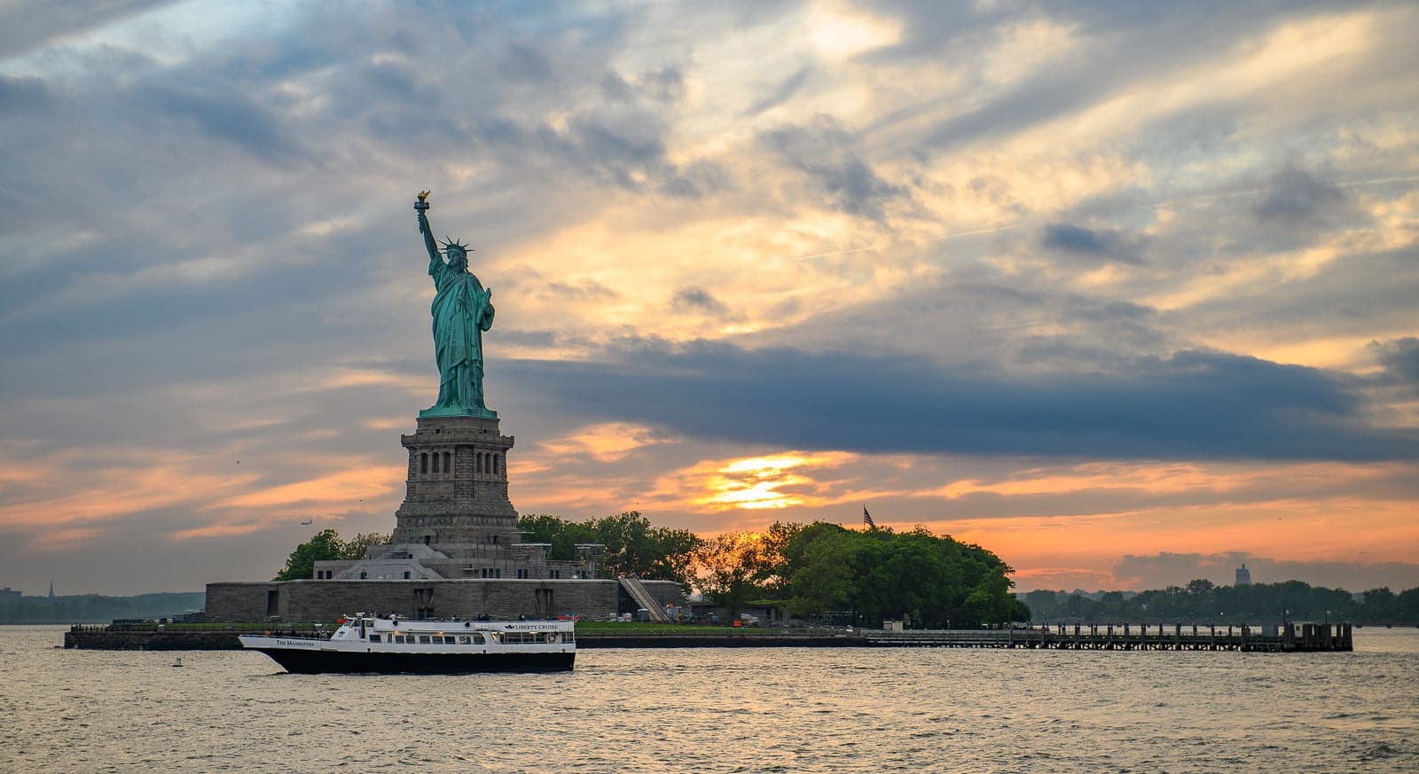 The Statue of Liberty seen from the harbor