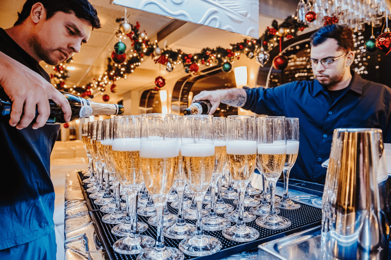 Bartenders pouring champagne for a holiday party, string lights and garland behind the bar